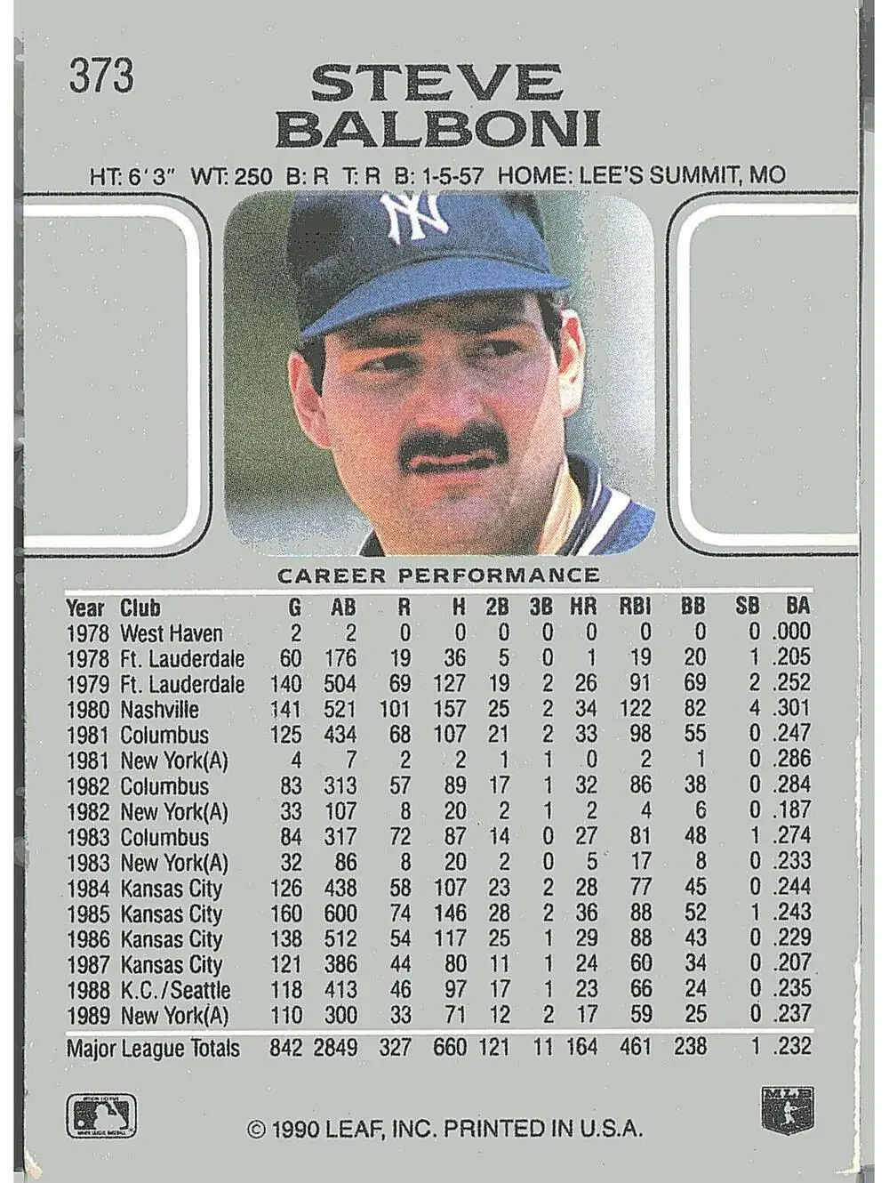 1990 Leaf #373 Steve Balboni HAND SIGNED